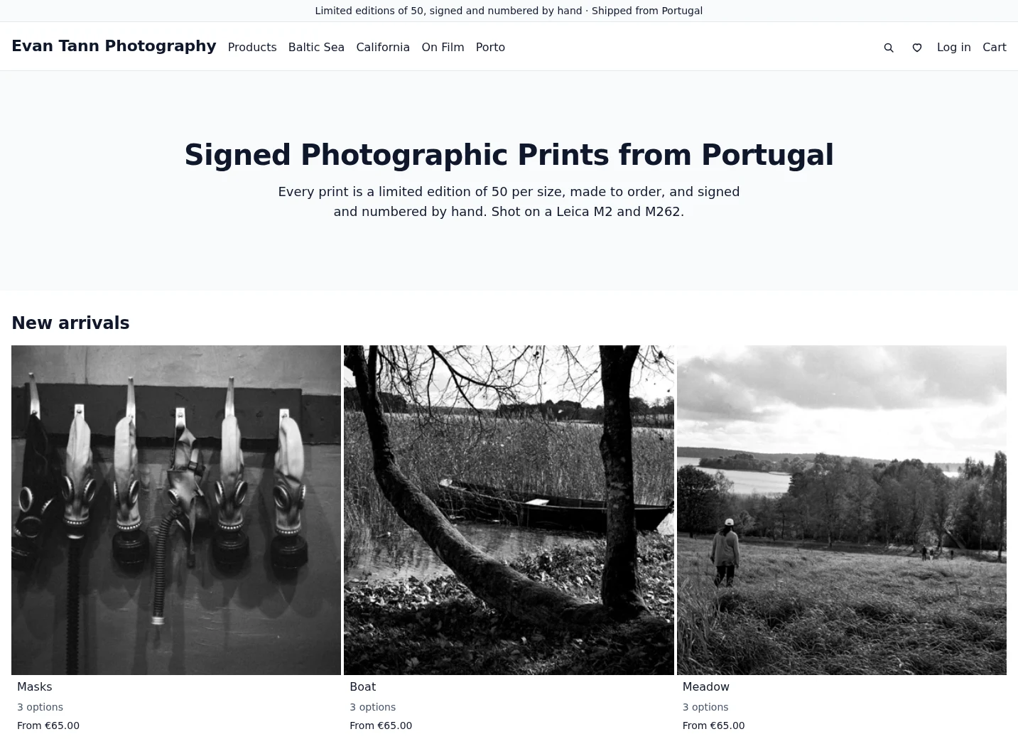 The homepage of Evan Tann Photography, an Easel store selling signed photographic prints